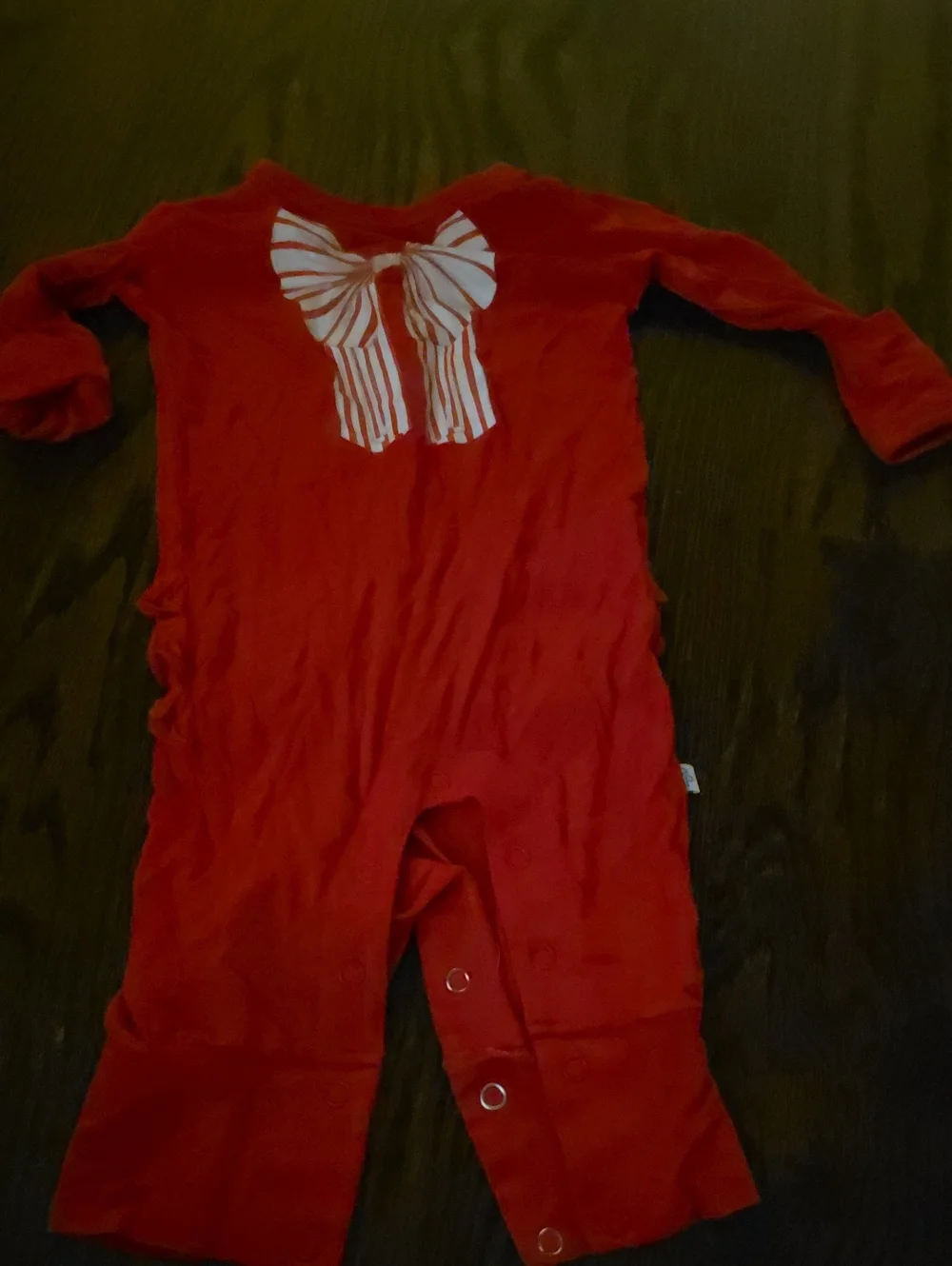 Posh Peanut Red Romper with White Striped Bow Graphic